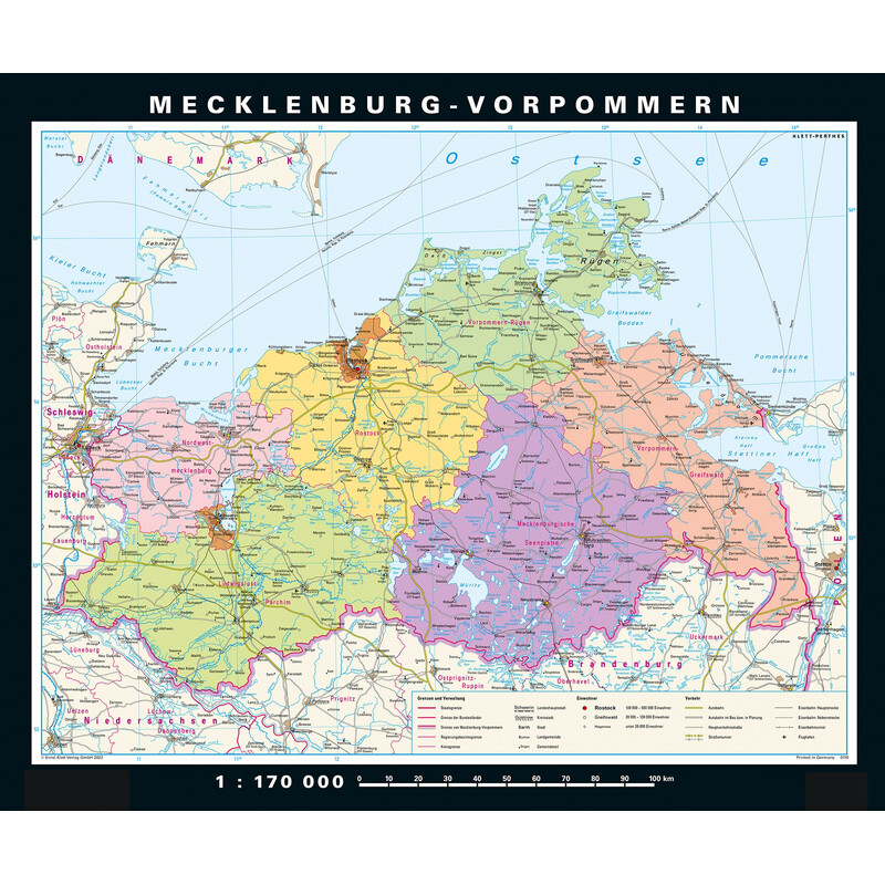 PONS Regionale kaart Mecklenburg-Vorpommern fysiek en politiek (178 x 148 cm)