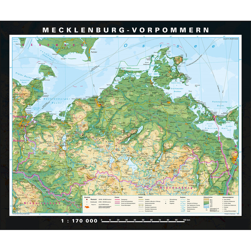 PONS Regionale kaart Mecklenburg-Vorpommern fysiek en politiek (178 x 148 cm)
