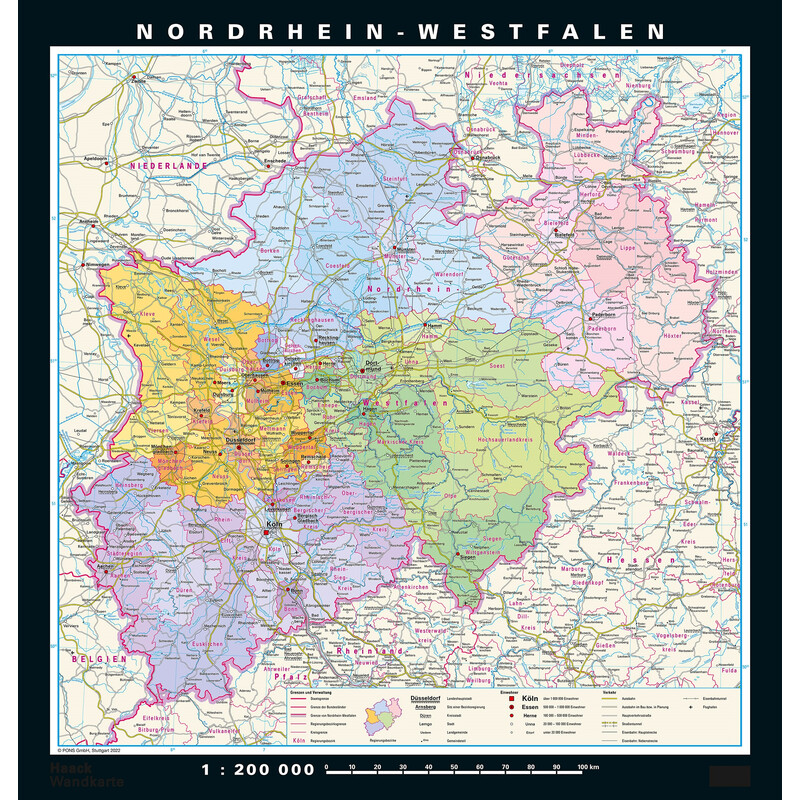 PONS Regionale kaart Nordrhein-Westfalen fysiek en politiek (148 x 155 cm)