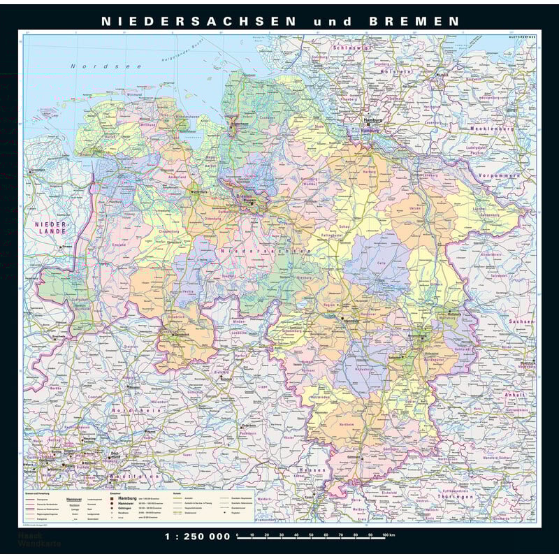 PONS Regionale kaart Niedersachsen en Bremen fysiek en politiek (148 x 150 cm)