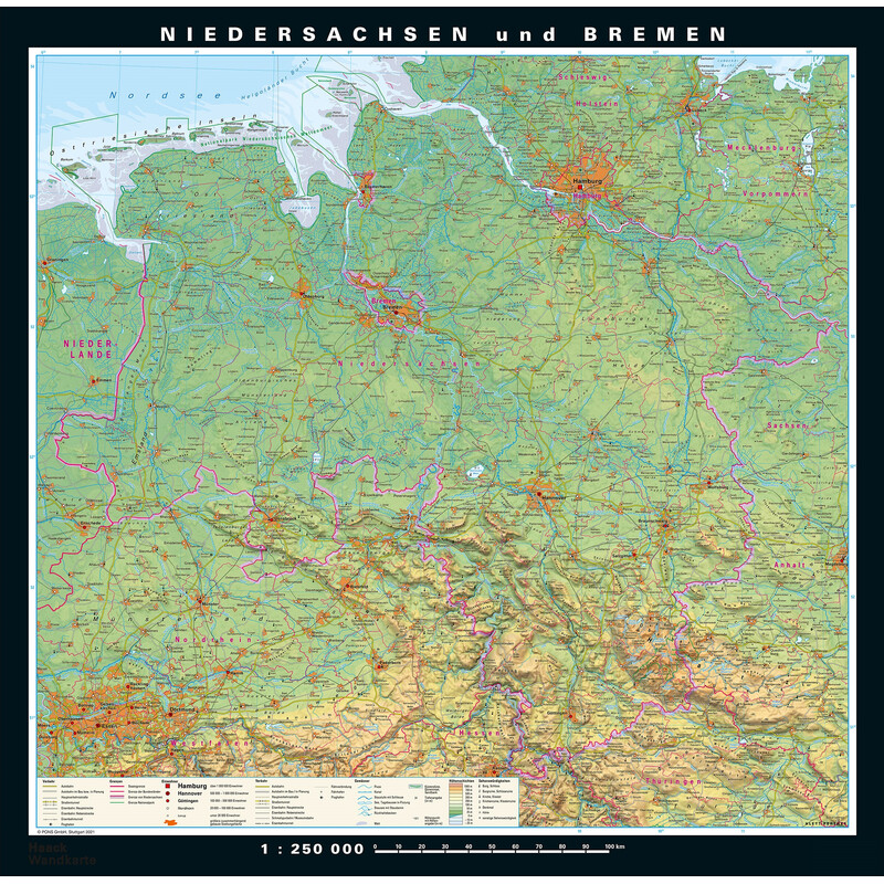 PONS Regionale kaart Niedersachsen en Bremen fysiek en politiek (148 x 150 cm)