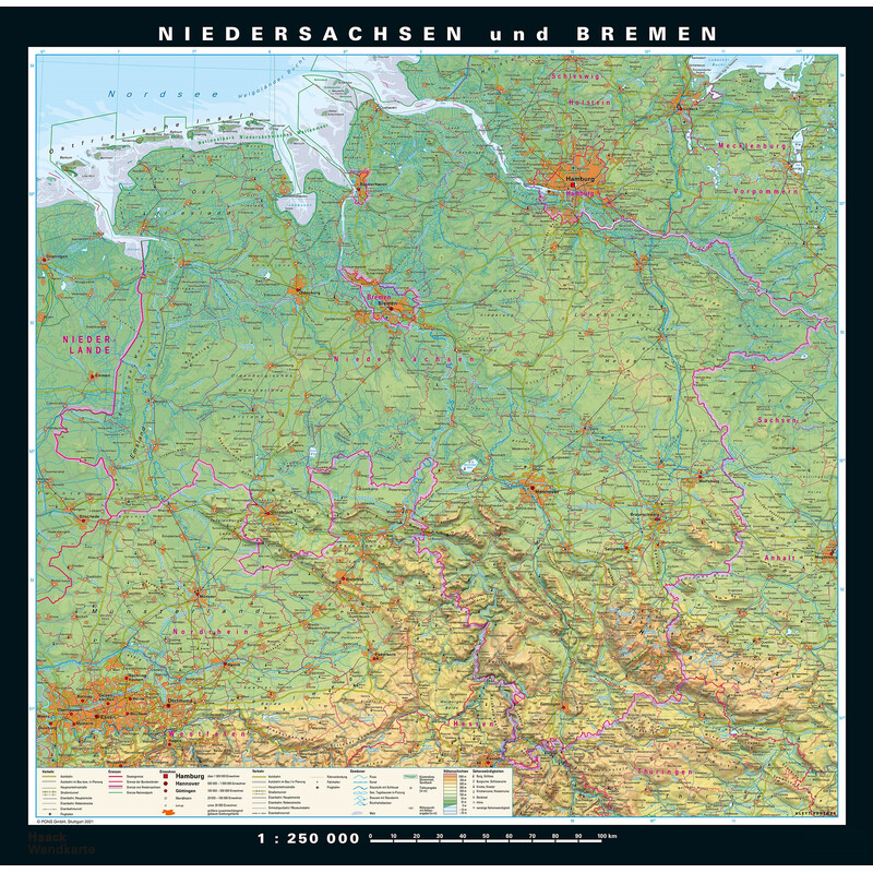 PONS Regionale kaart Niedersachsen und Bremen physisch/politisch (148 x 150 cm)