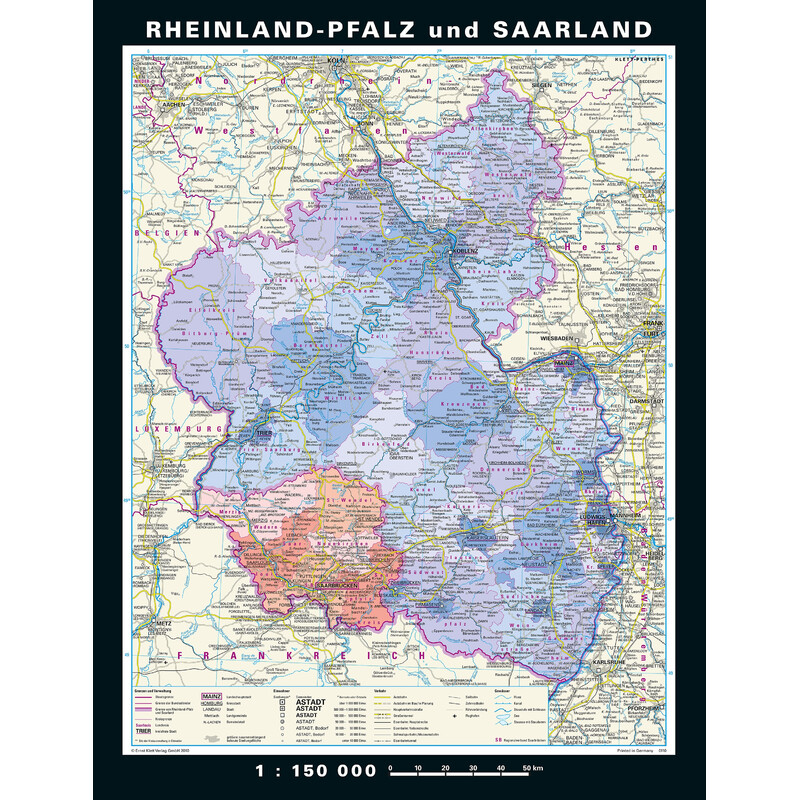 PONS Regionale kaart Rheinland-Pfalz und Saarland physisch/politisch (148 x 193 cm)