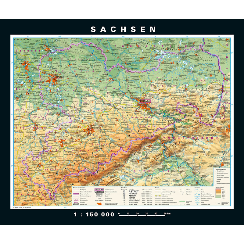 PONS Regionale kaart Sachsen physisch/politisch (176 x 148 cm)