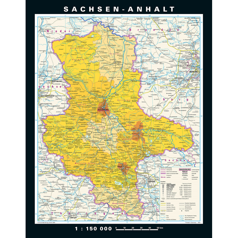 PONS Regionale kaart Sachsen-Anhalt fysiek en politiek (148 x 188 cm)