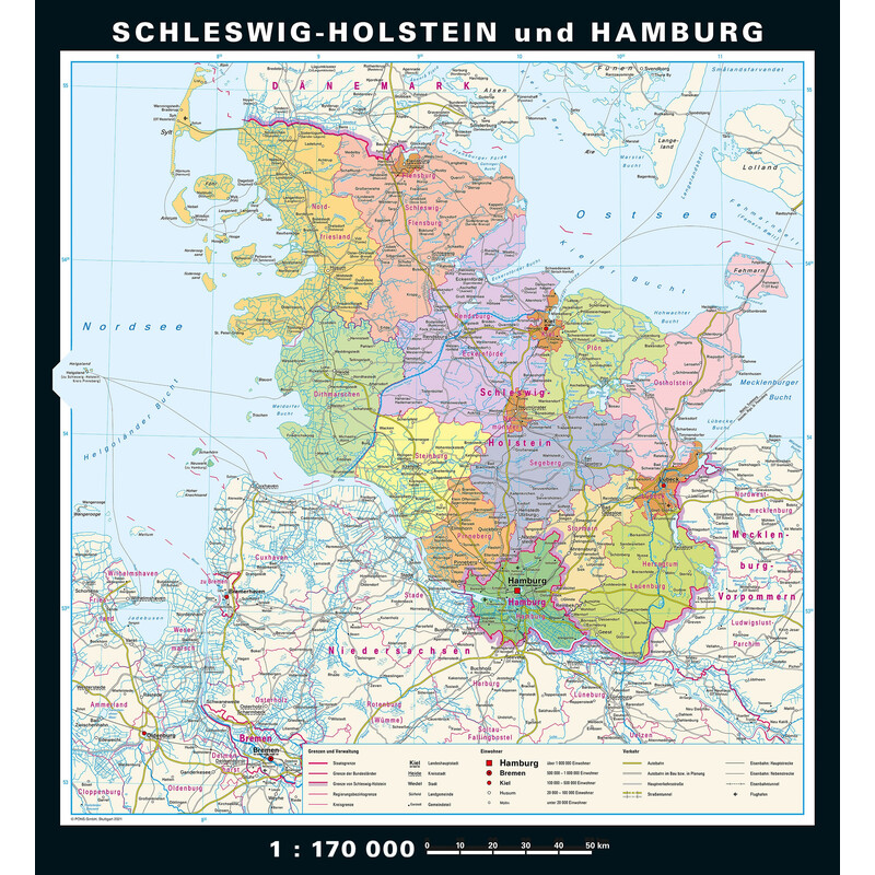 PONS Regionale kaart Schleswig-Holstein und Hamburg physisch/politisch (148 x 175 cm)