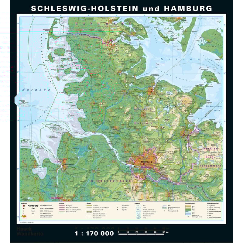 PONS Regionale kaart Fysiek en politiek Sleeswijk-Holstein en Hamburg (148 x 175 cm)