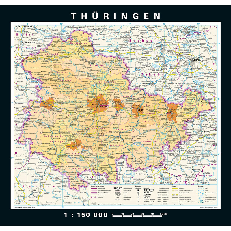 PONS Regionale kaart Thüringen fysiek en politiek (148 x 150 cm)