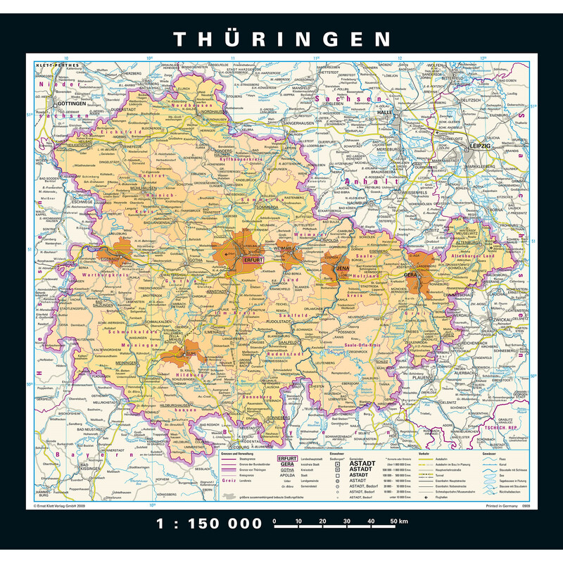 PONS Regionale kaart Thüringen physisch/politisch (148 x 150 cm)