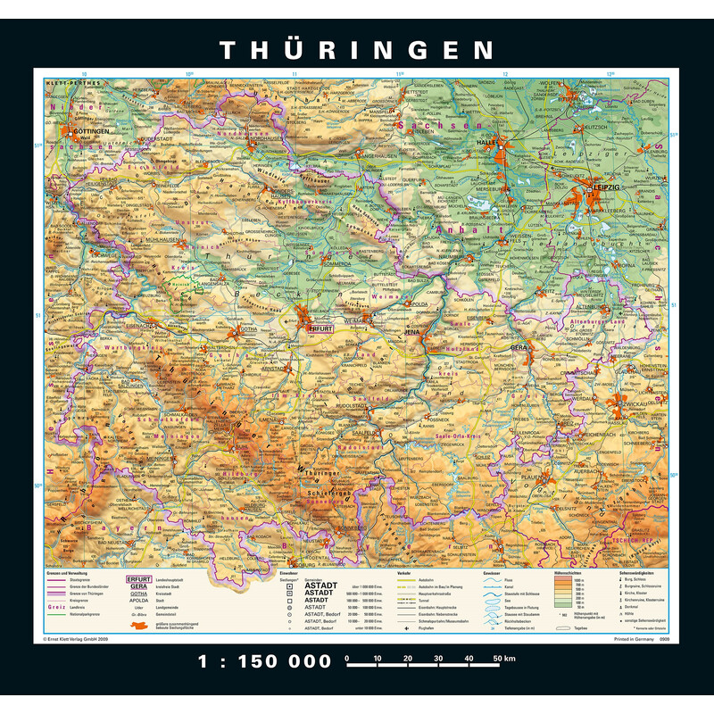 PONS Regionale kaart Thüringen fysiek en politiek (148 x 150 cm)