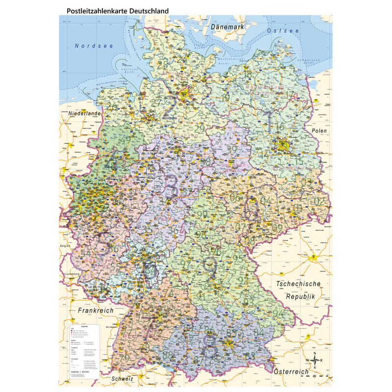 GeoMetro Kaart Deutschland politisch mit Postleitzahlen PLZ (84 x 114 cm)