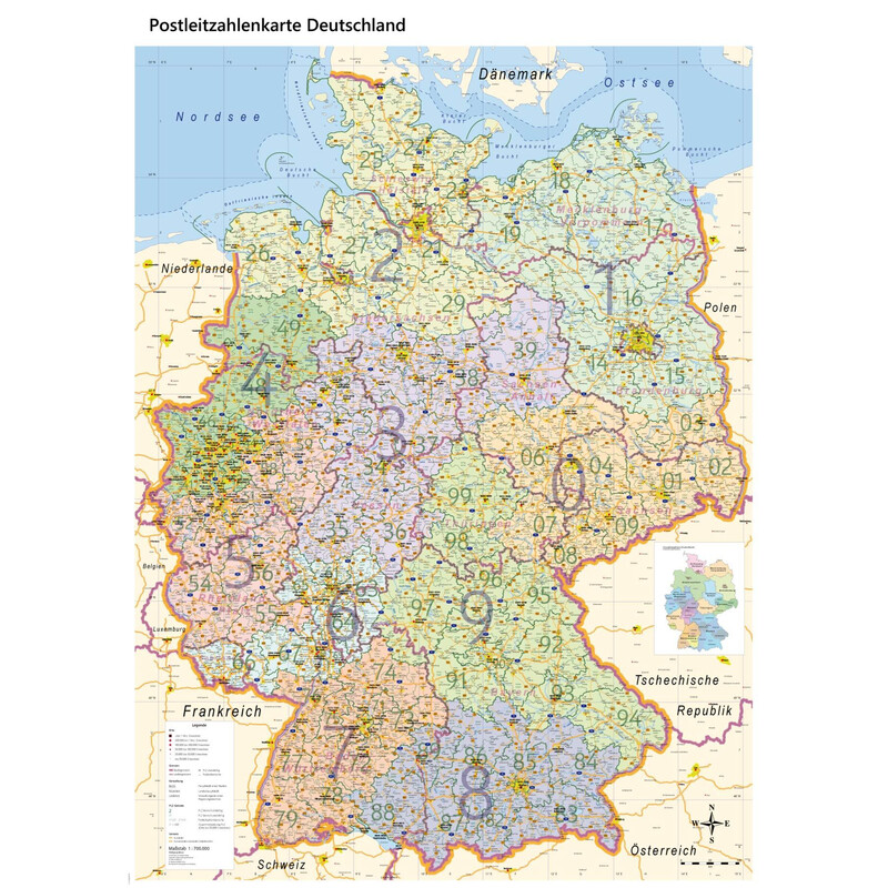 GeoMetro Kaart Deutschland politisch mit Postleitzahlen PLZ XL (100 x 140 cm)