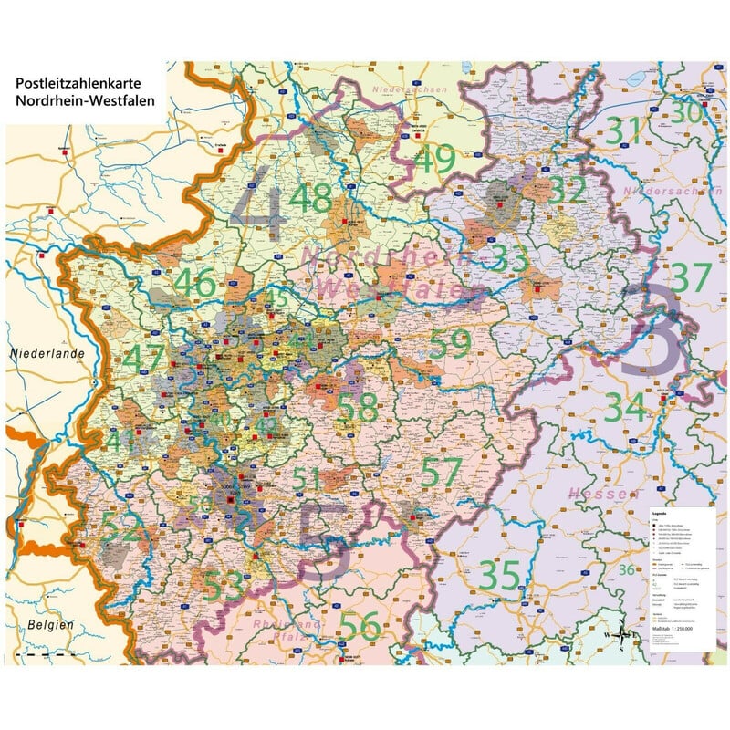 GeoMetro Regionale kaart Nordrhein-Westfalen Postleitzahlen PLZ NRW (118 x 100 cm)