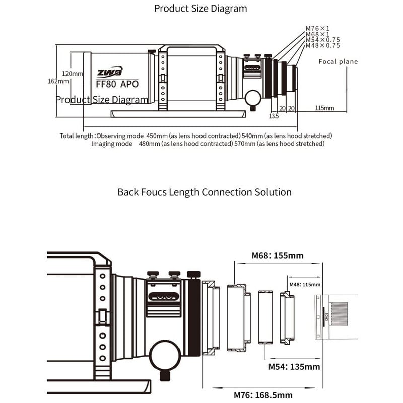 ZWO Apochromatische refractor AP 80/600 FF80