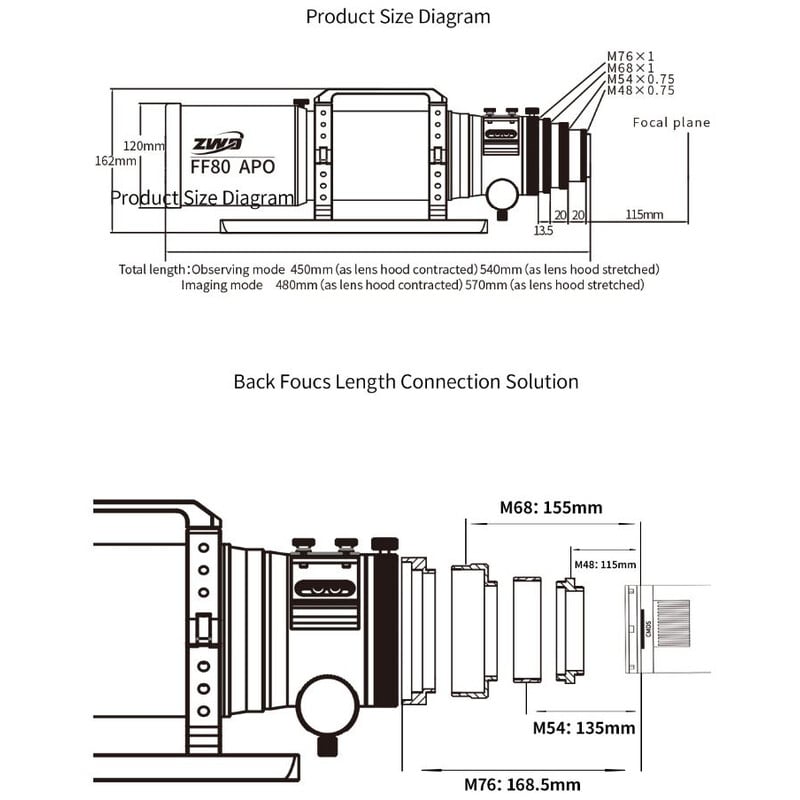 ZWO Apochromatische refractor FF80 AP 80/600 Quadruplet OTA