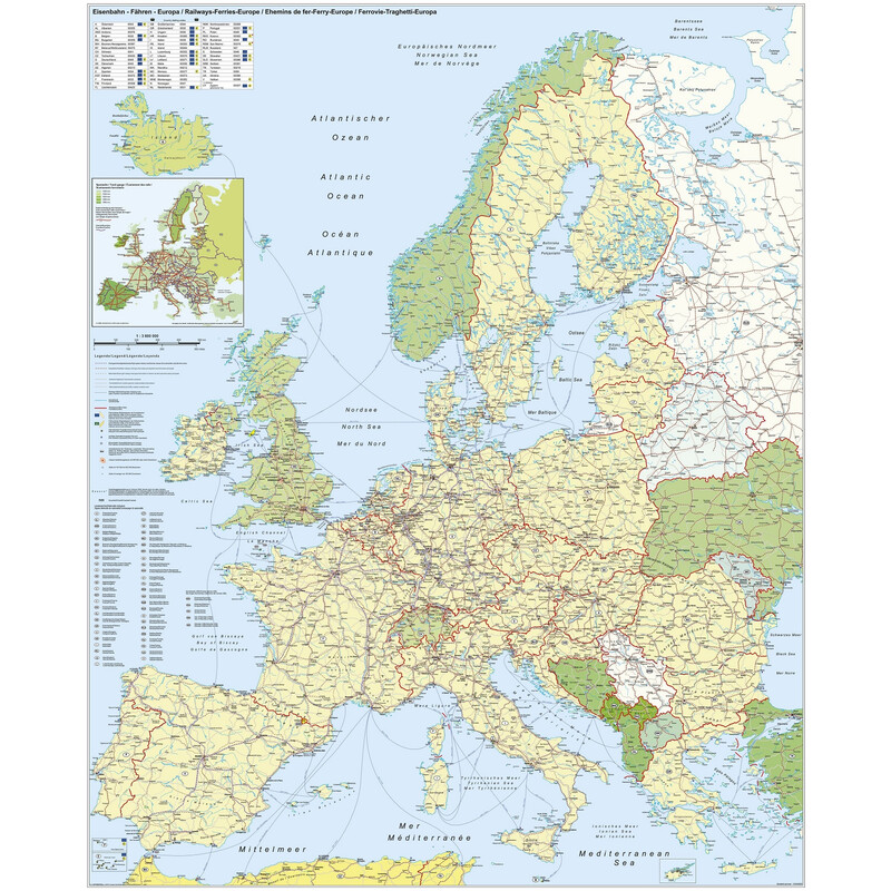 Stiefel continentkaart Europa: Eisenbahn und Fähren (97 x 119 cm)