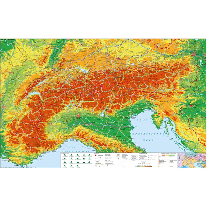 Stiefel Regionale kaart Alpengebied met langeafstandswandel- en fietsroutes (140 x 100 cm)