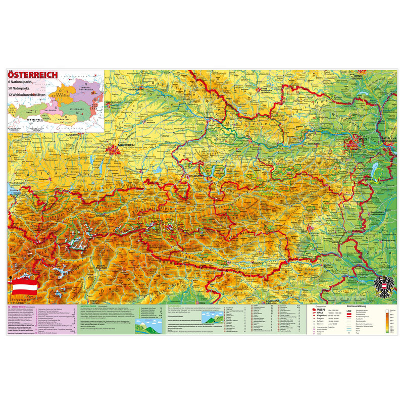 Stiefel Kaart Österreich National- und Naturparks mit UNESCO-Welterbestätten (98 x 68 cm)
